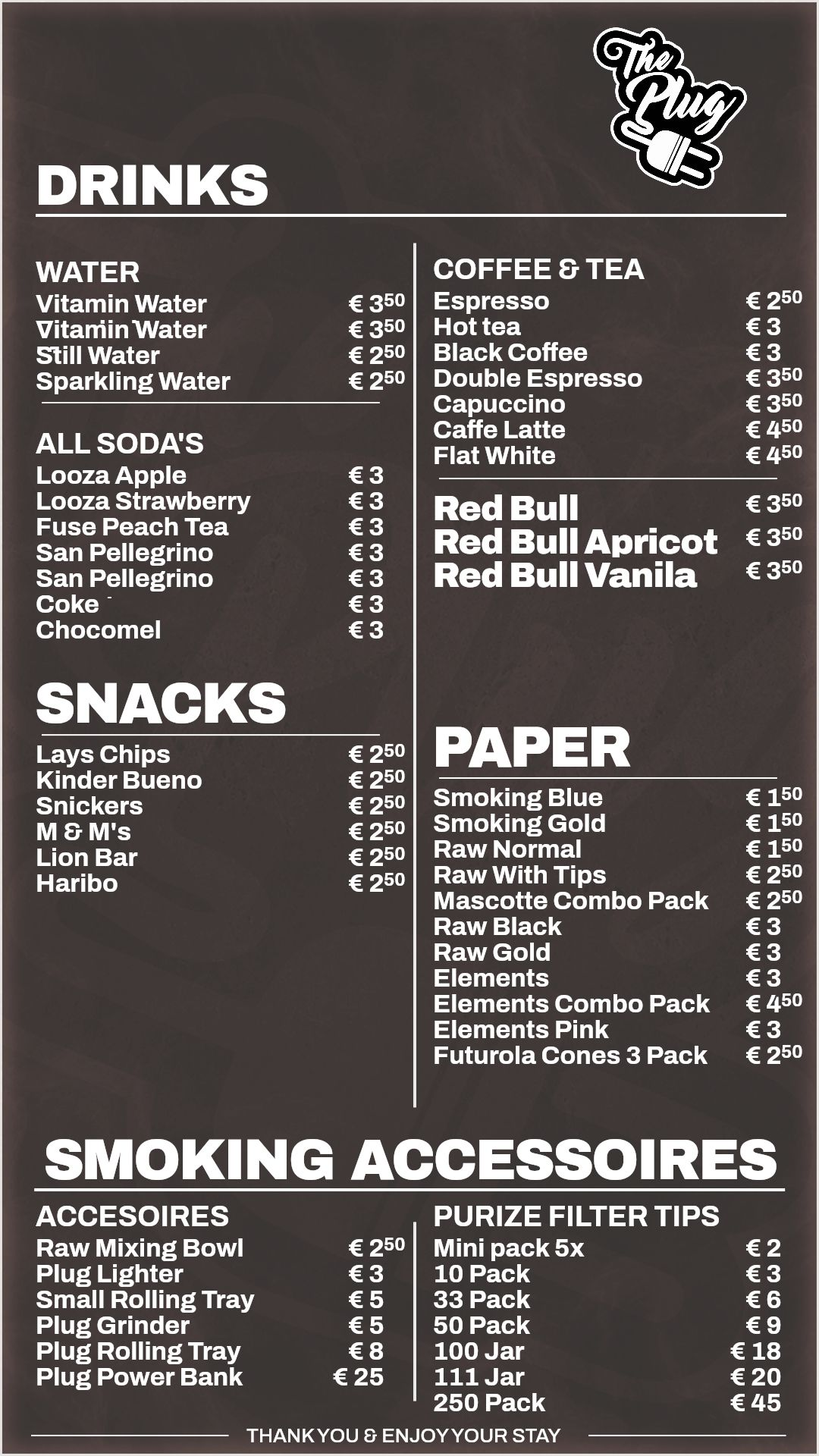 Menu bij The Plug Utopia
