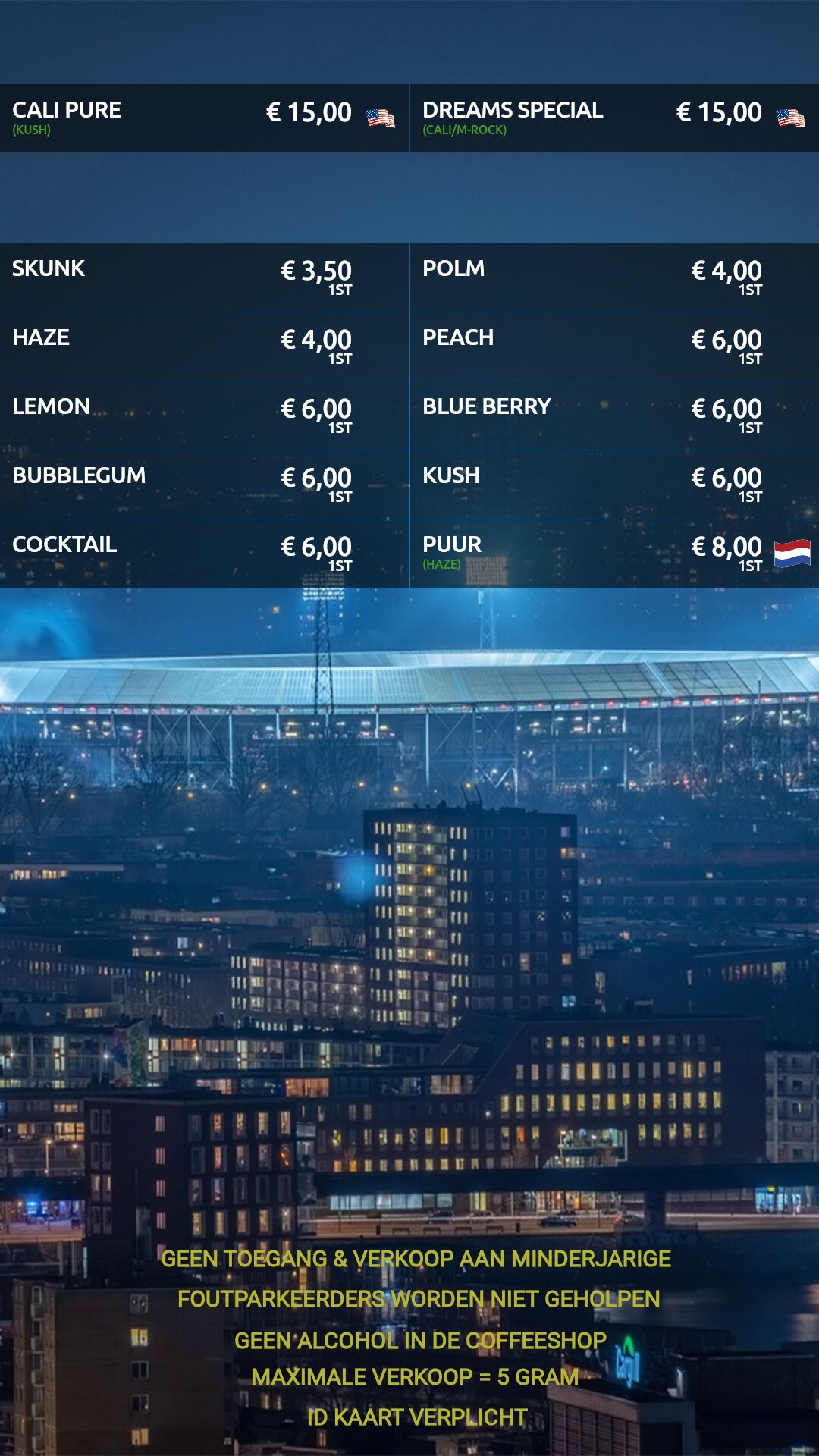 Menu bij Dreams