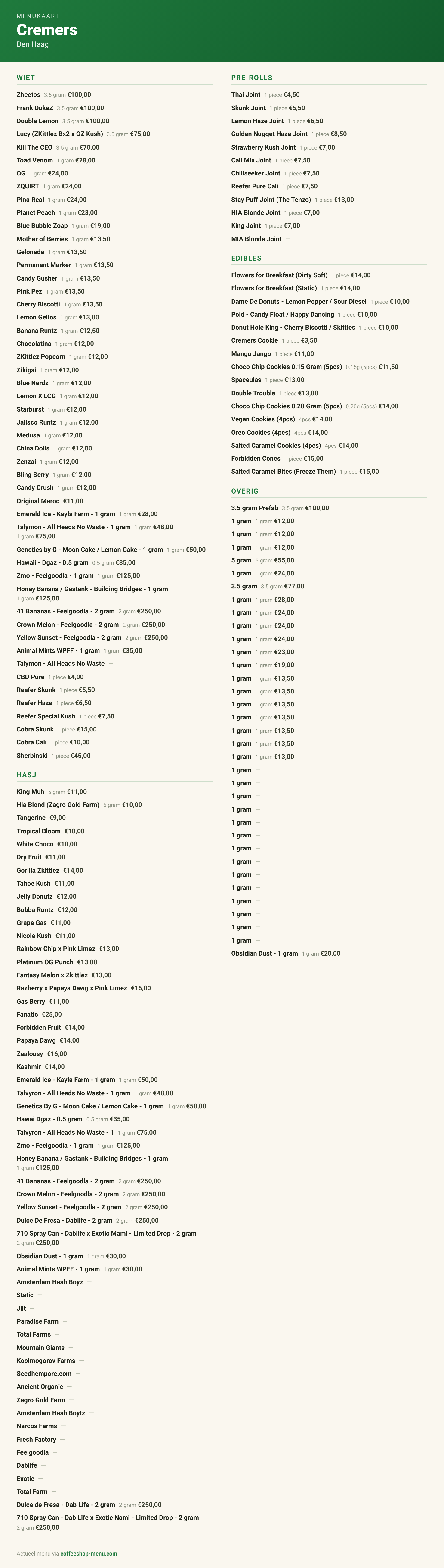 Menu bij Cremers