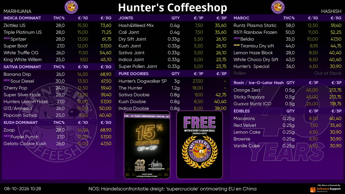 Menu bij Hunter's Downtown