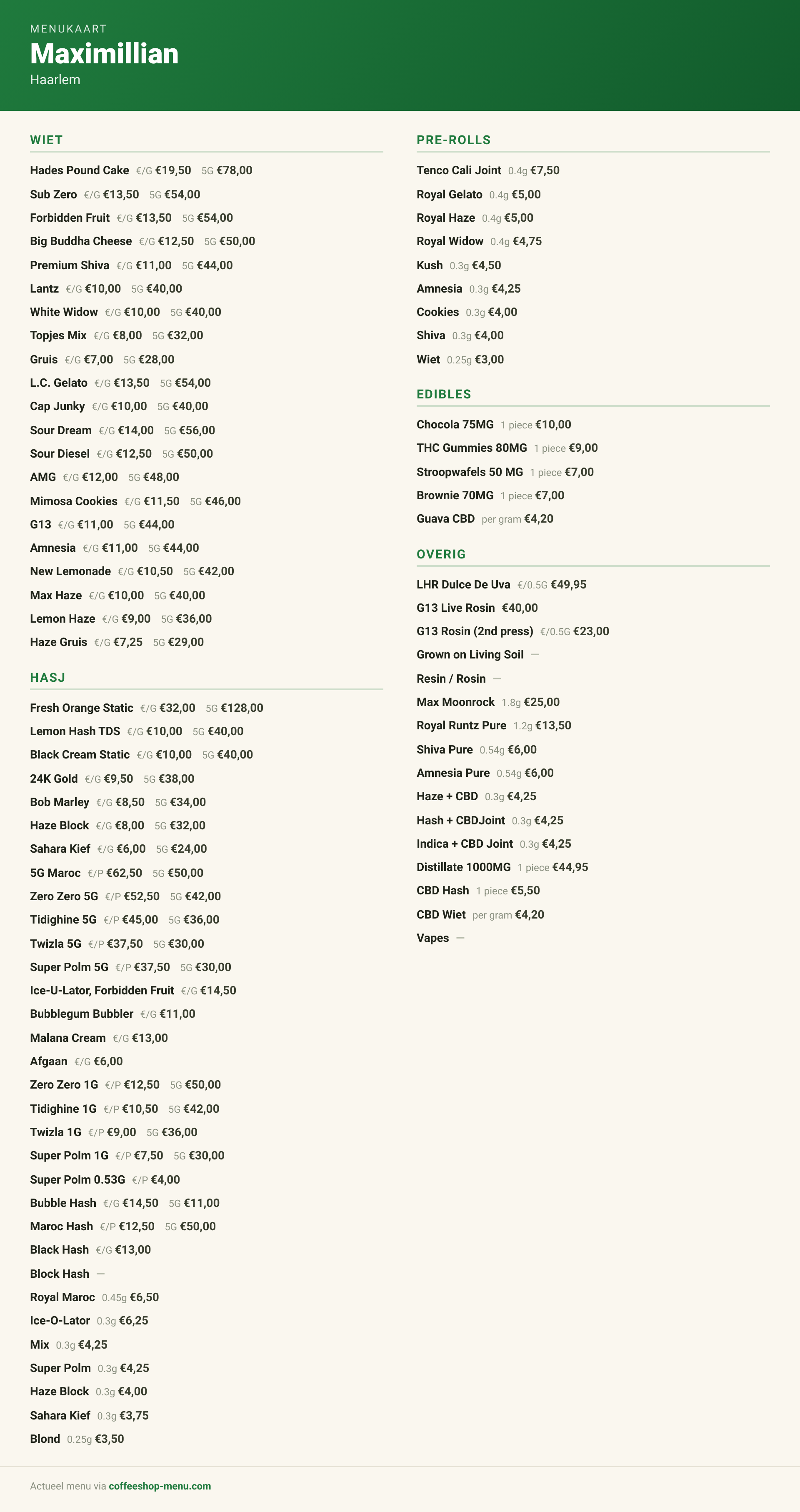 Menu bij Maximillian