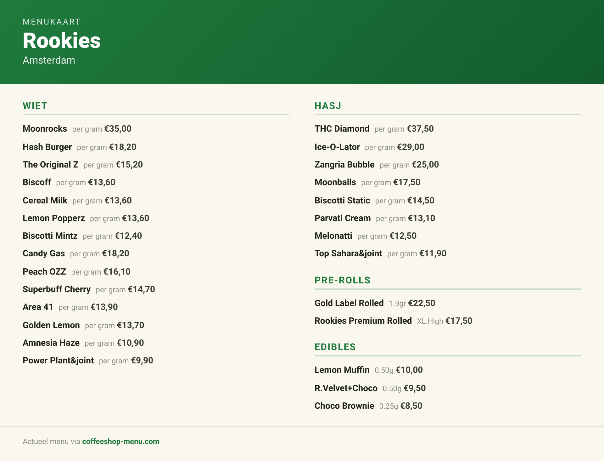 Menu bij Rookies