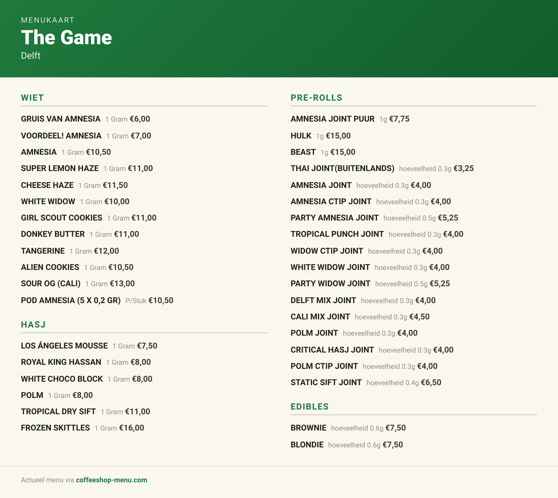 Menu bij The Game