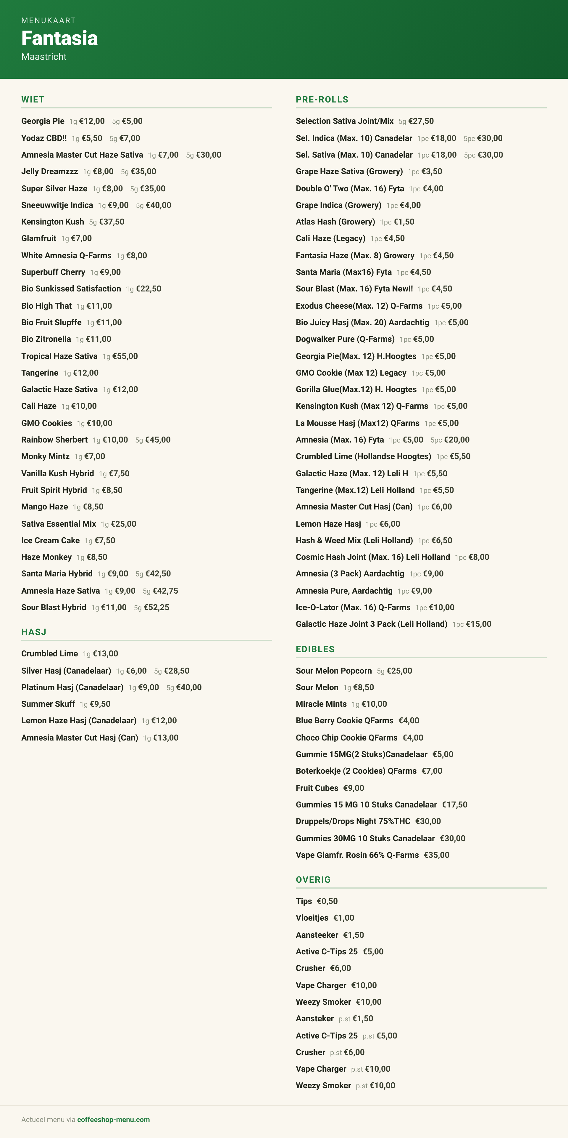 Menu bij Fantasia
