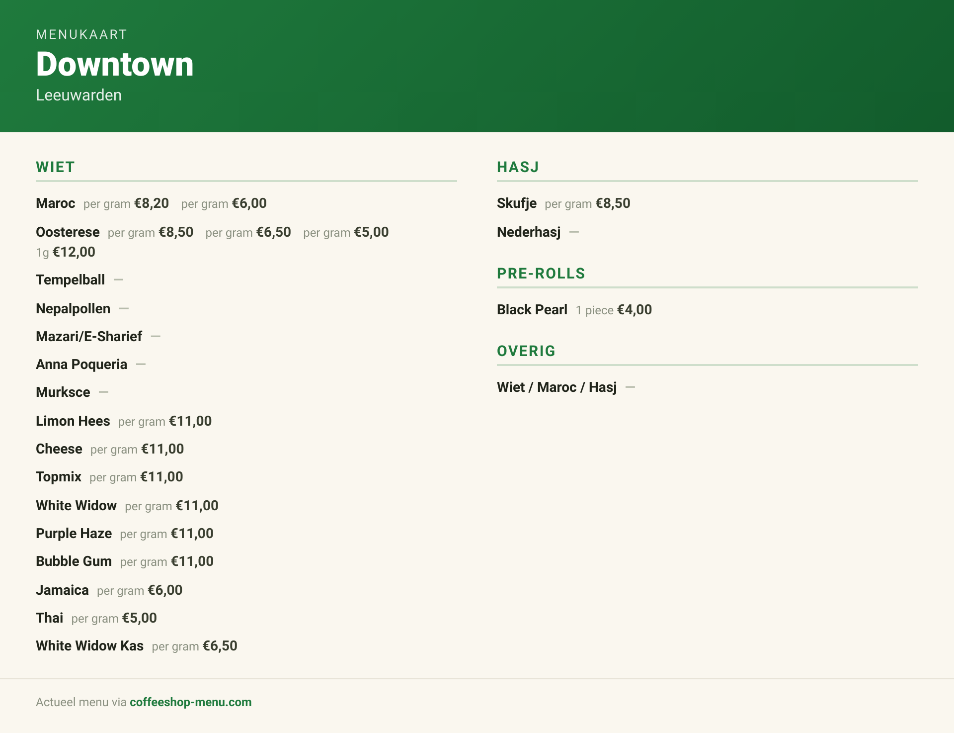 Menu bij Downtown