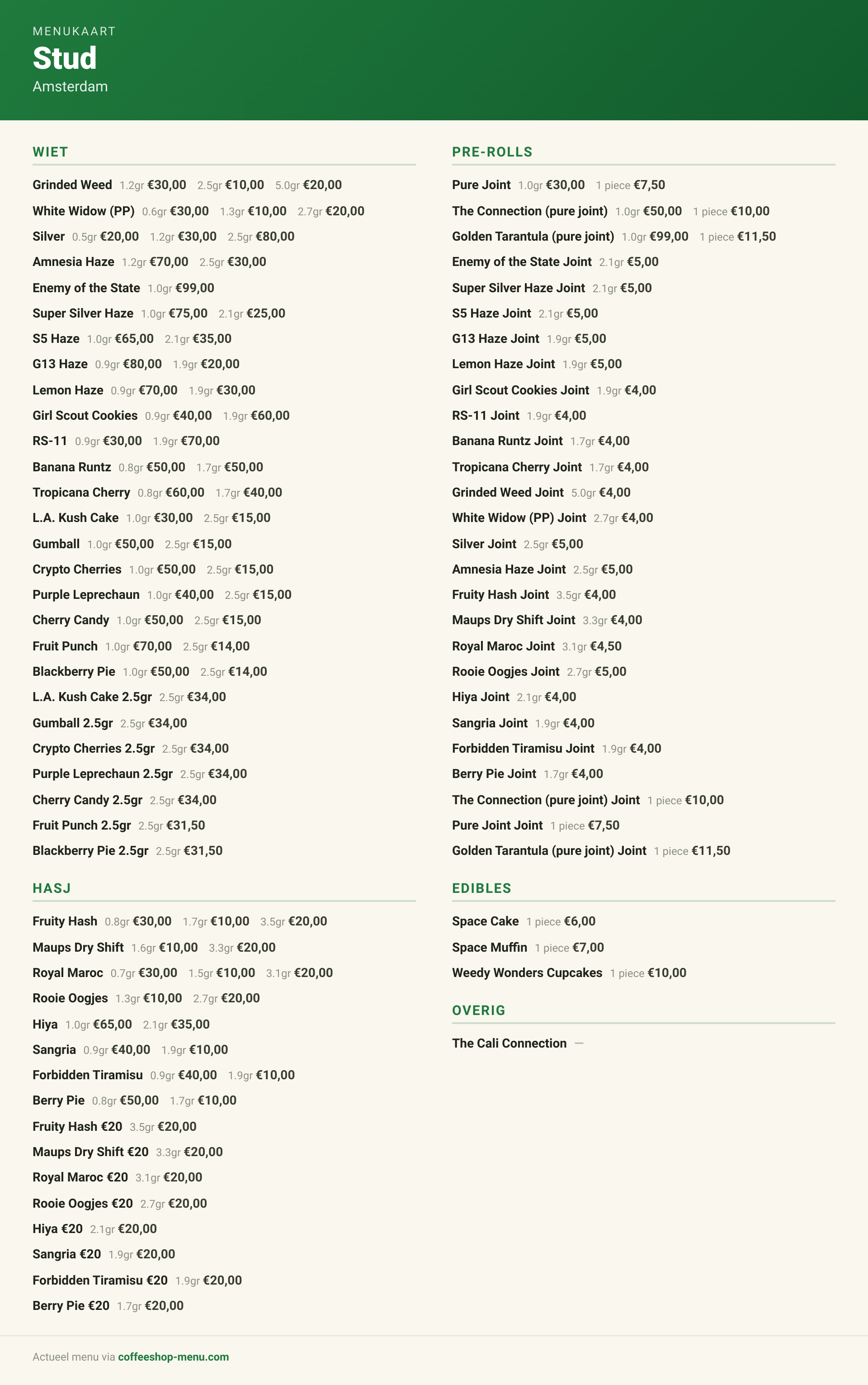 Menu bij Stud