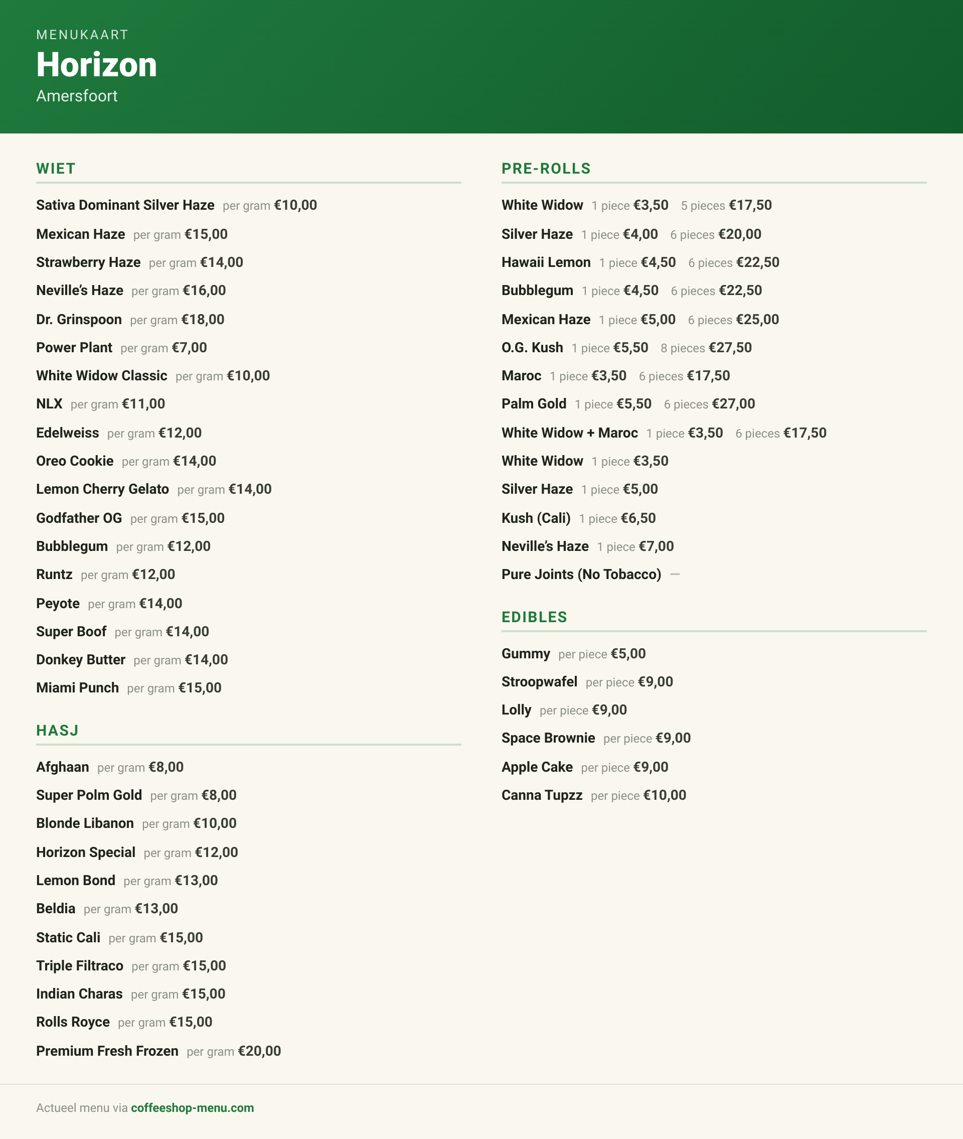 Menu bij Horizon