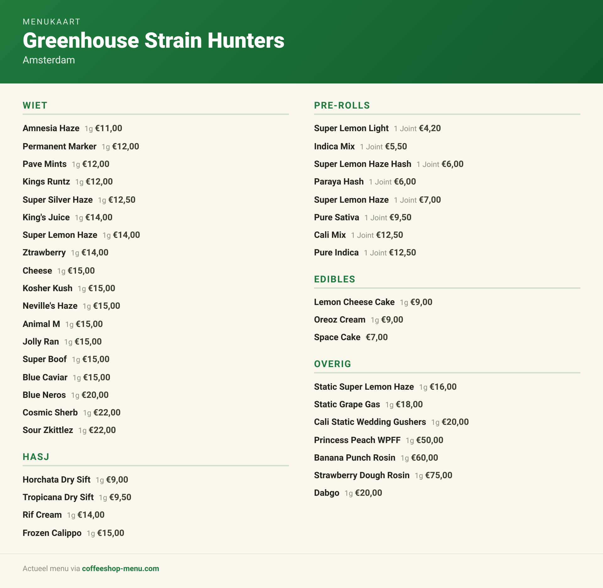 Menu bij Greenhouse Strain Hunters