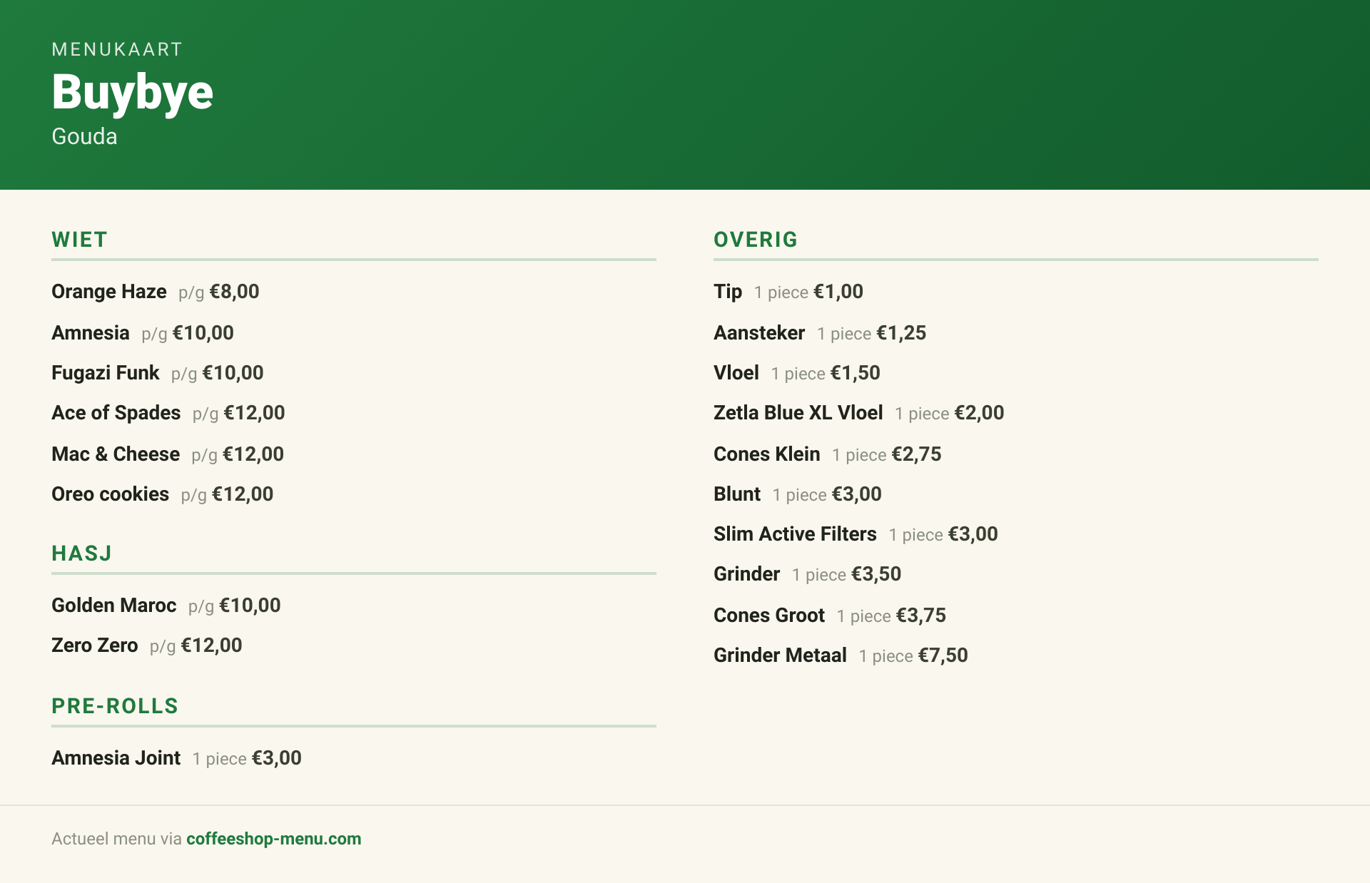 Menu bij Buybye