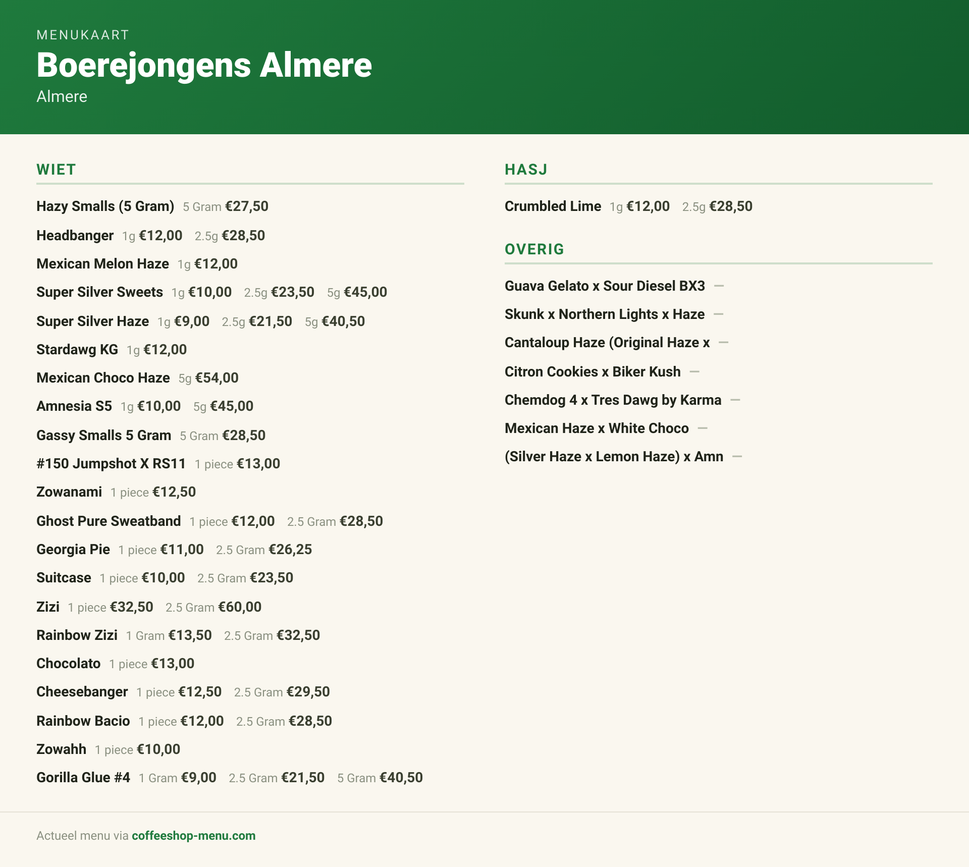 Menu bij Boerejongens Almere