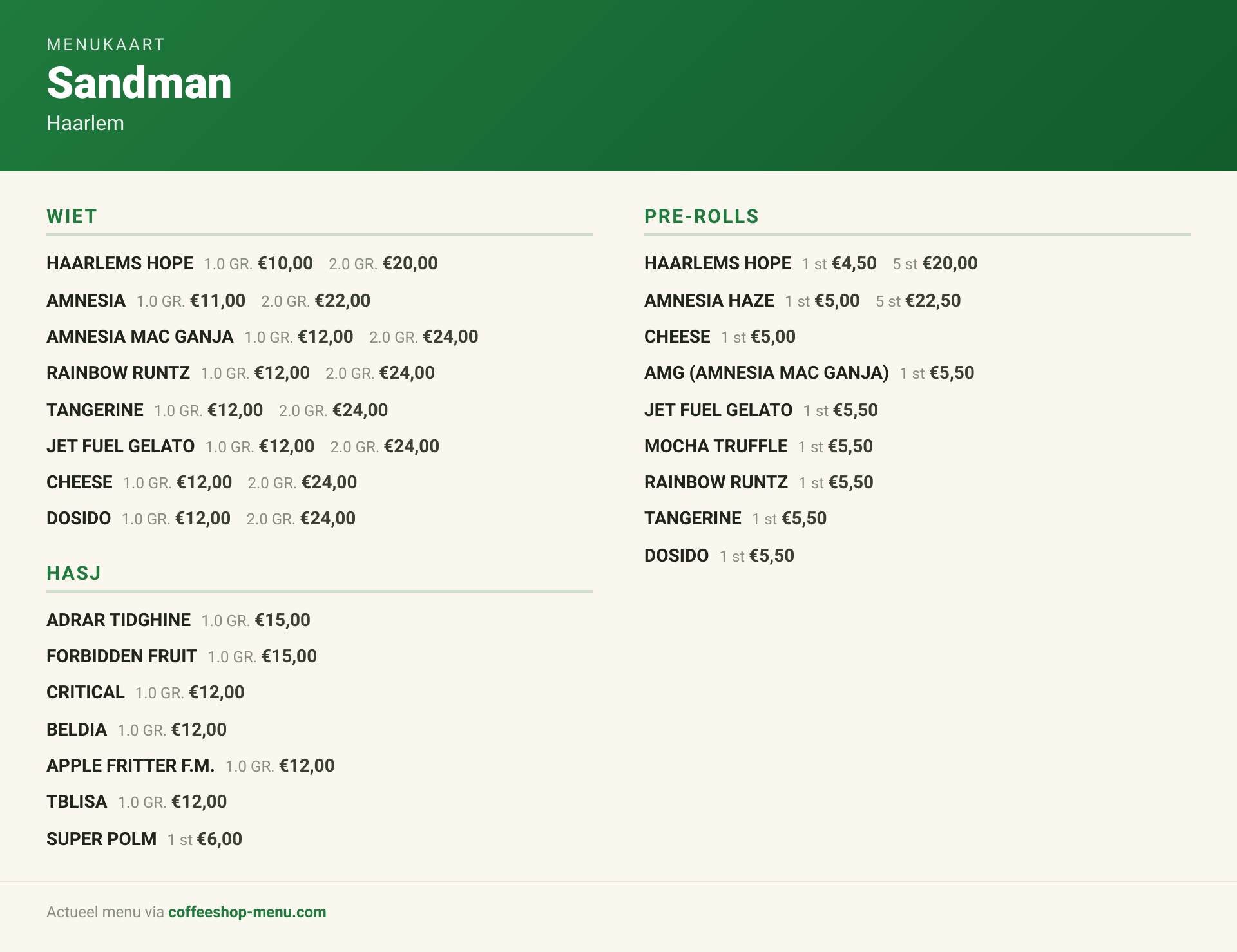 Menukaart van Sandman