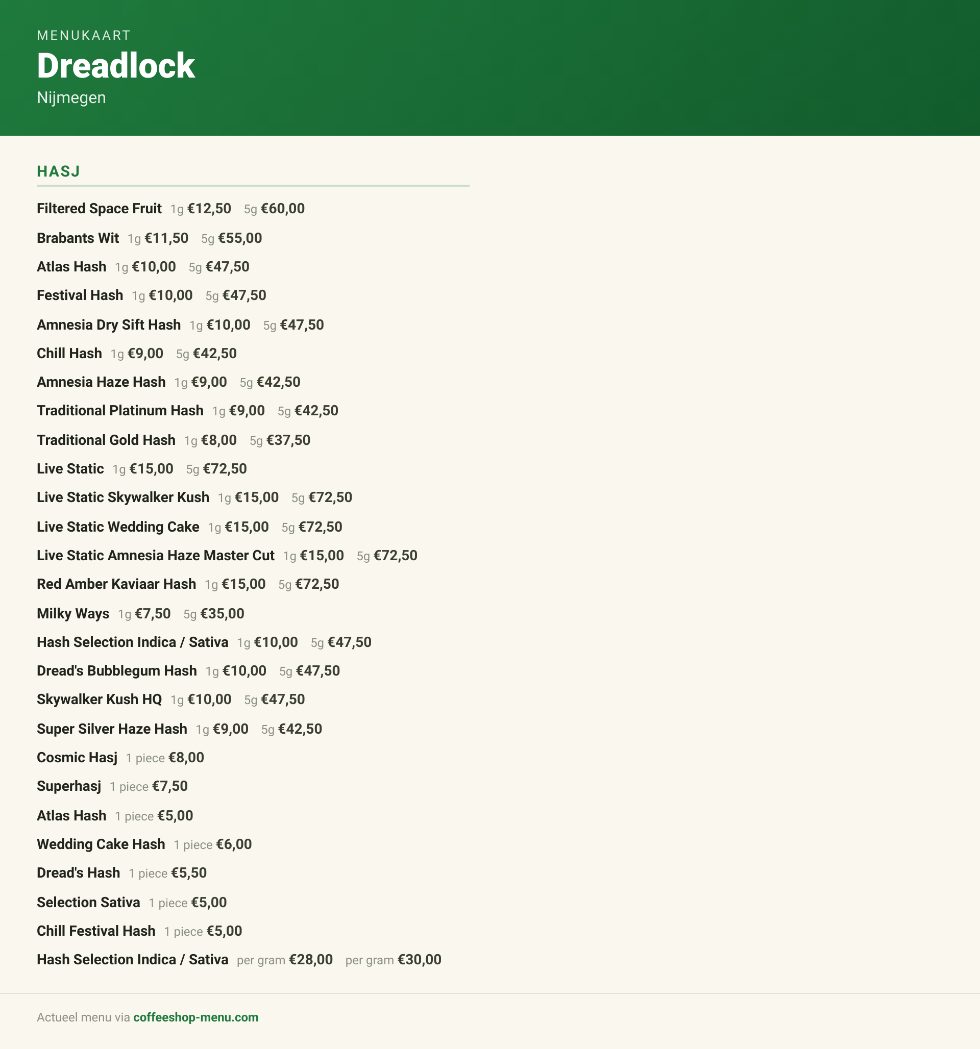 Menu bij Dreadlock