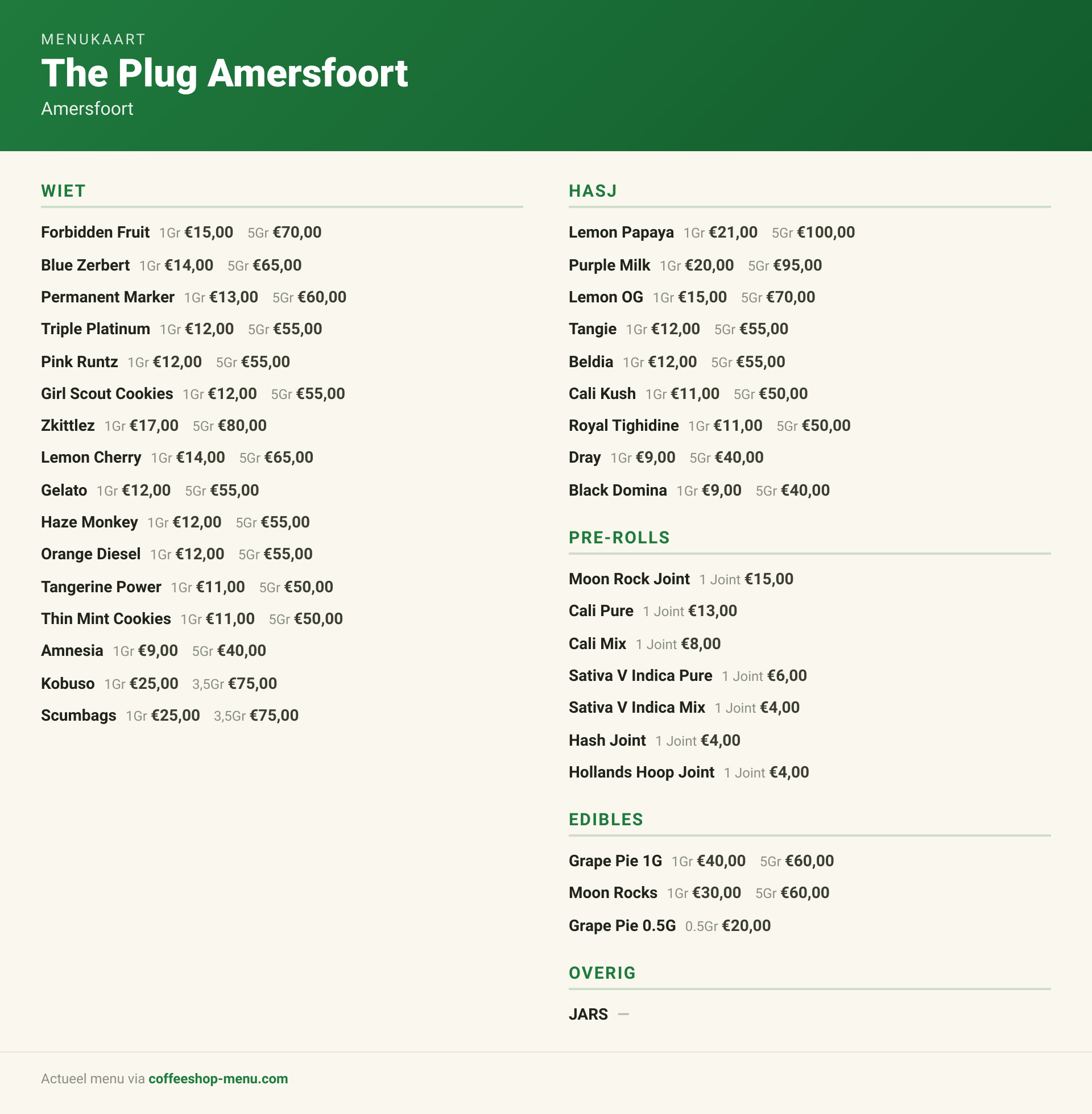 Menu bij The Plug Amersfoort