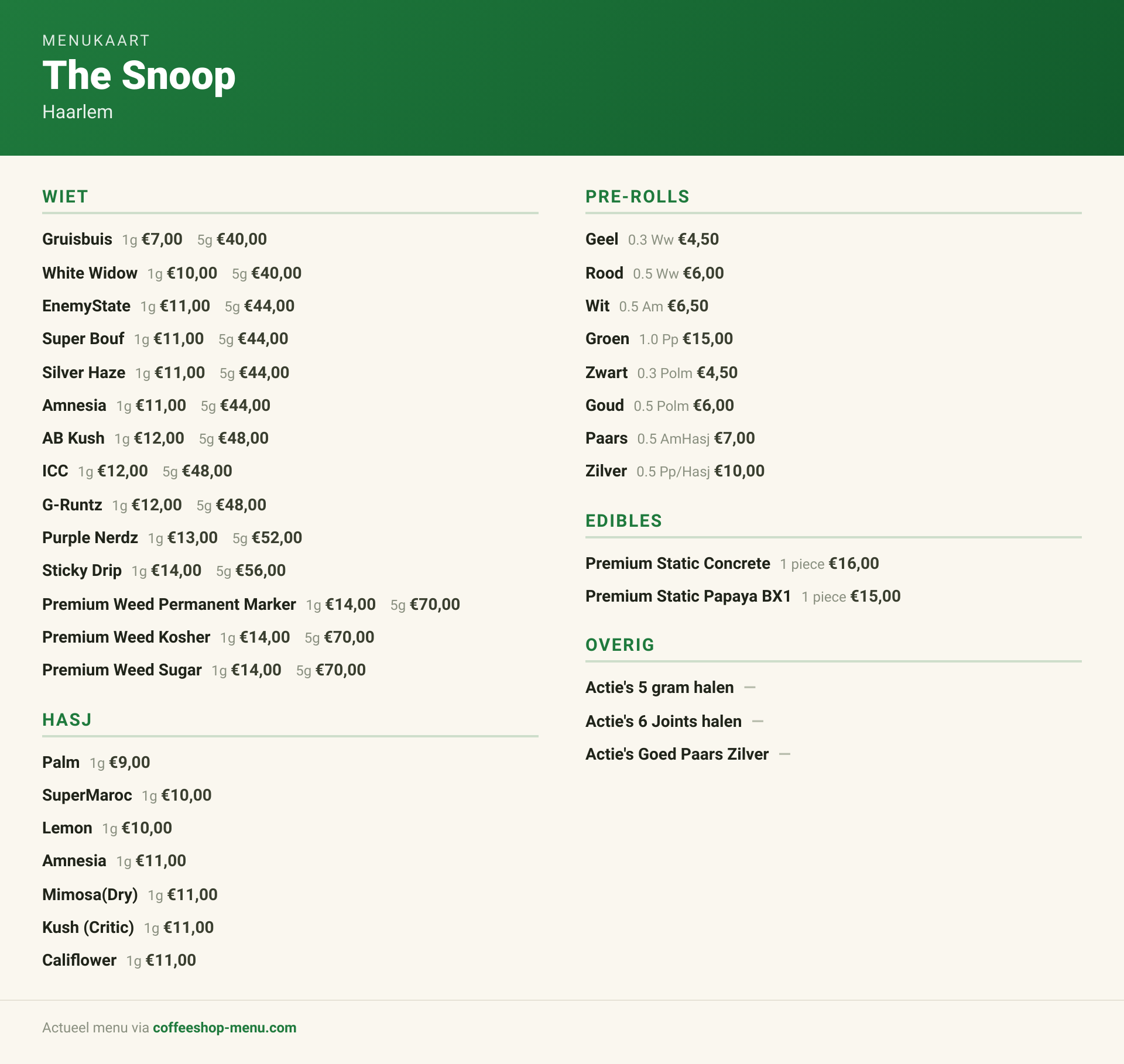 Menu bij The Snoop