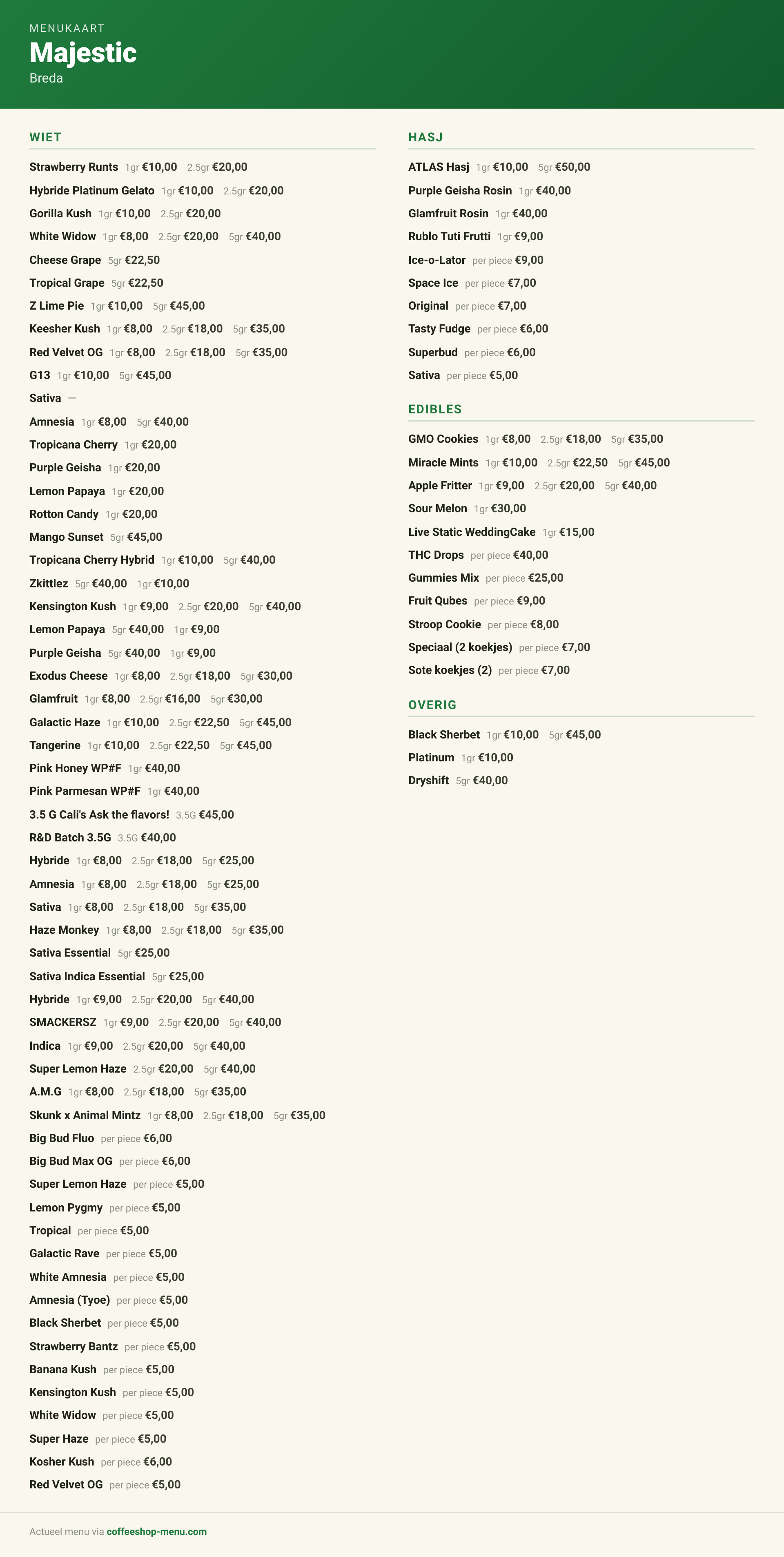 Menu bij Majestic