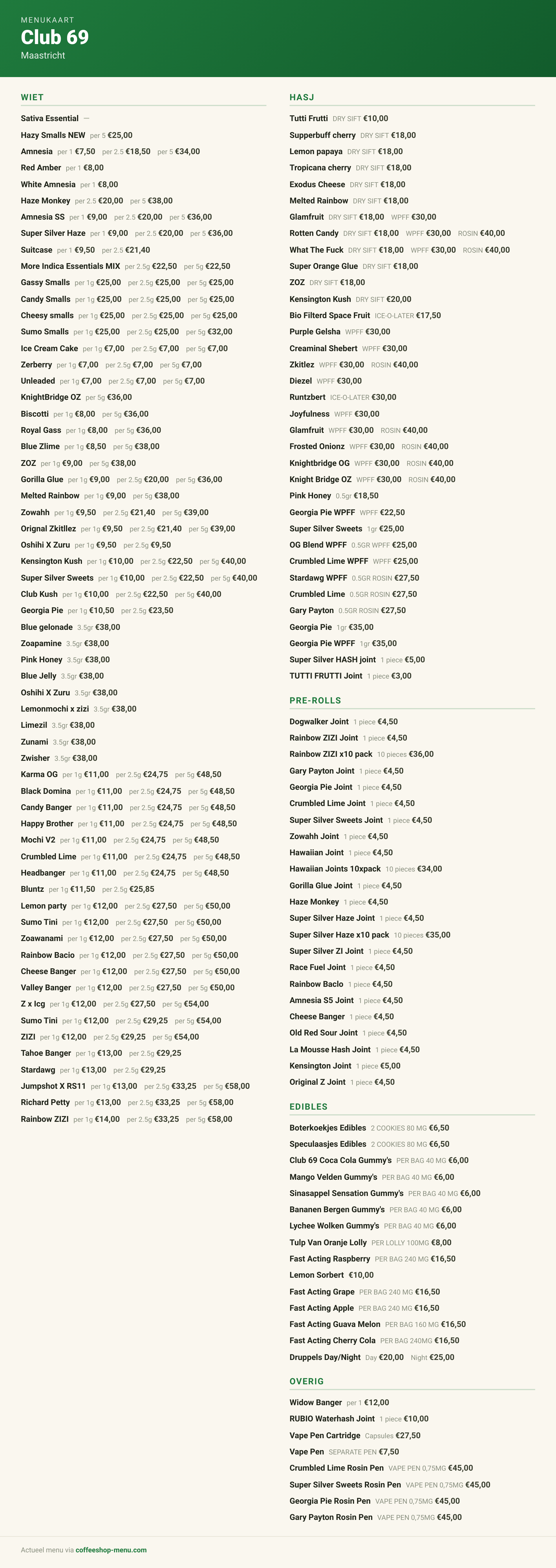 Menu bij Club 69