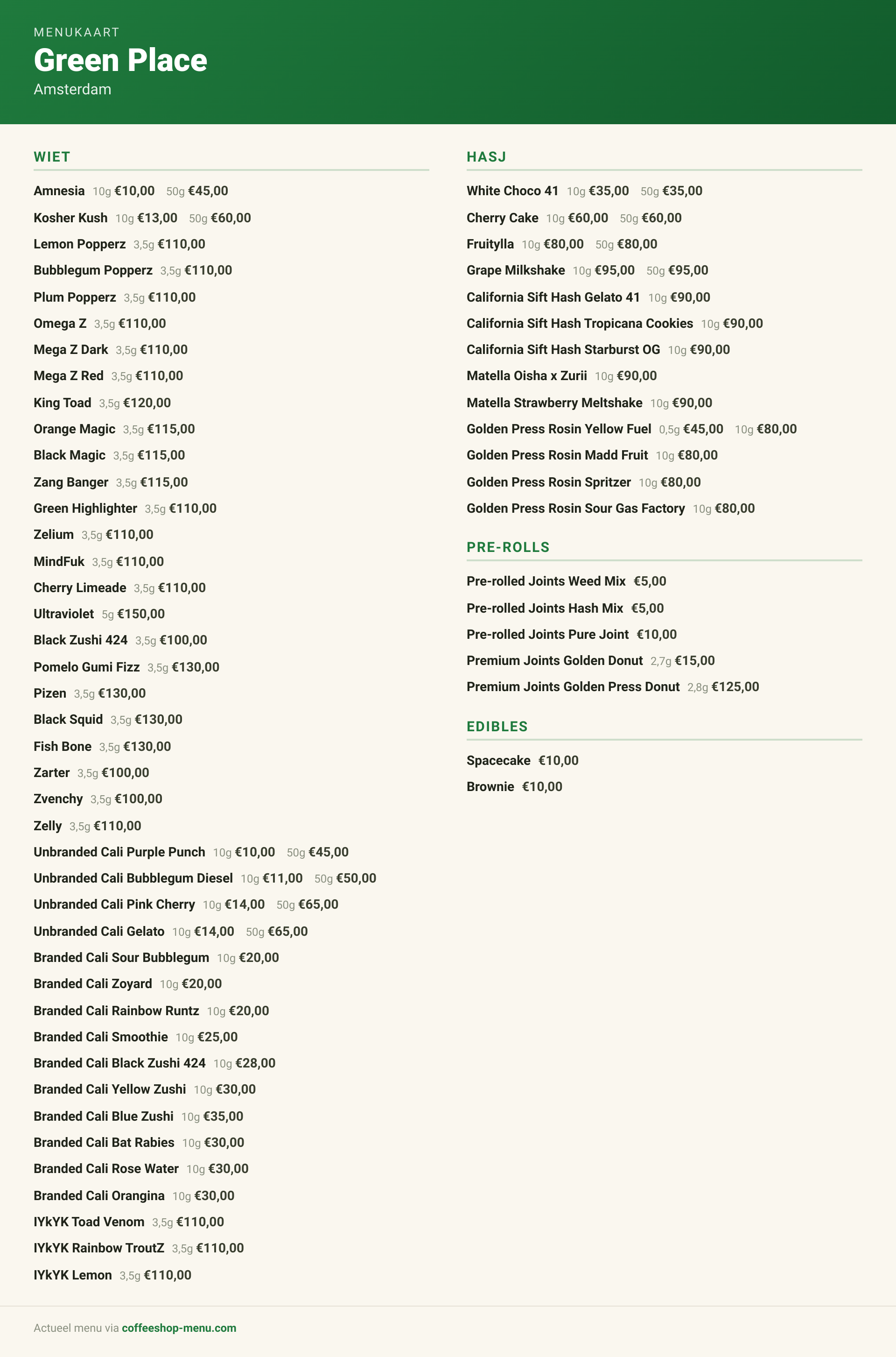 Menu bij Green Place