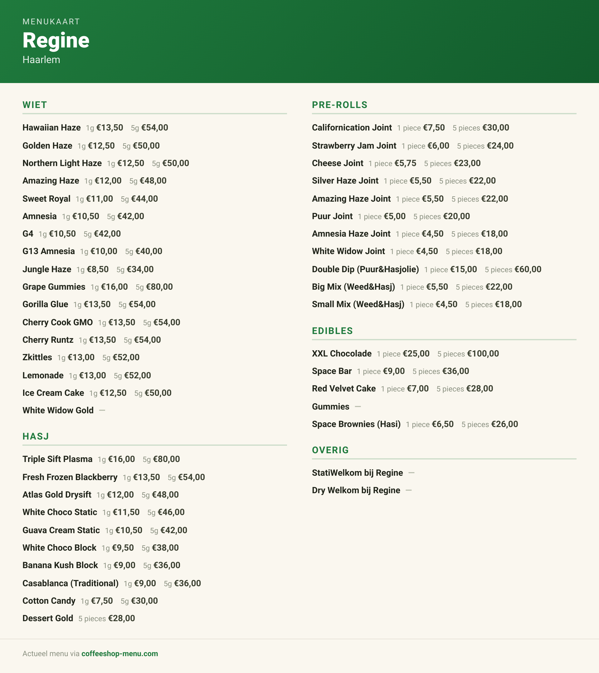 Menu bij Regine