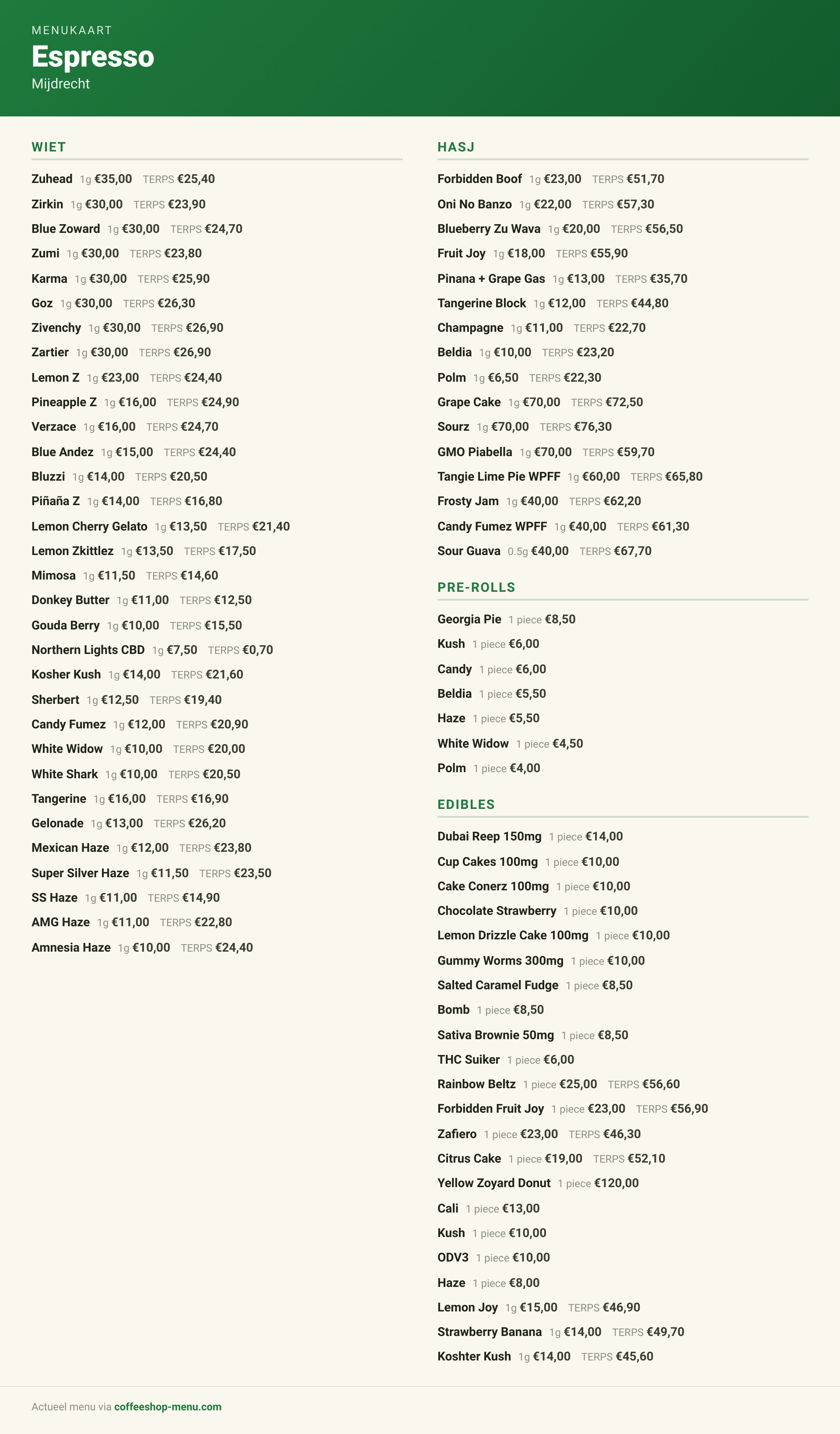 Menu bij Espresso